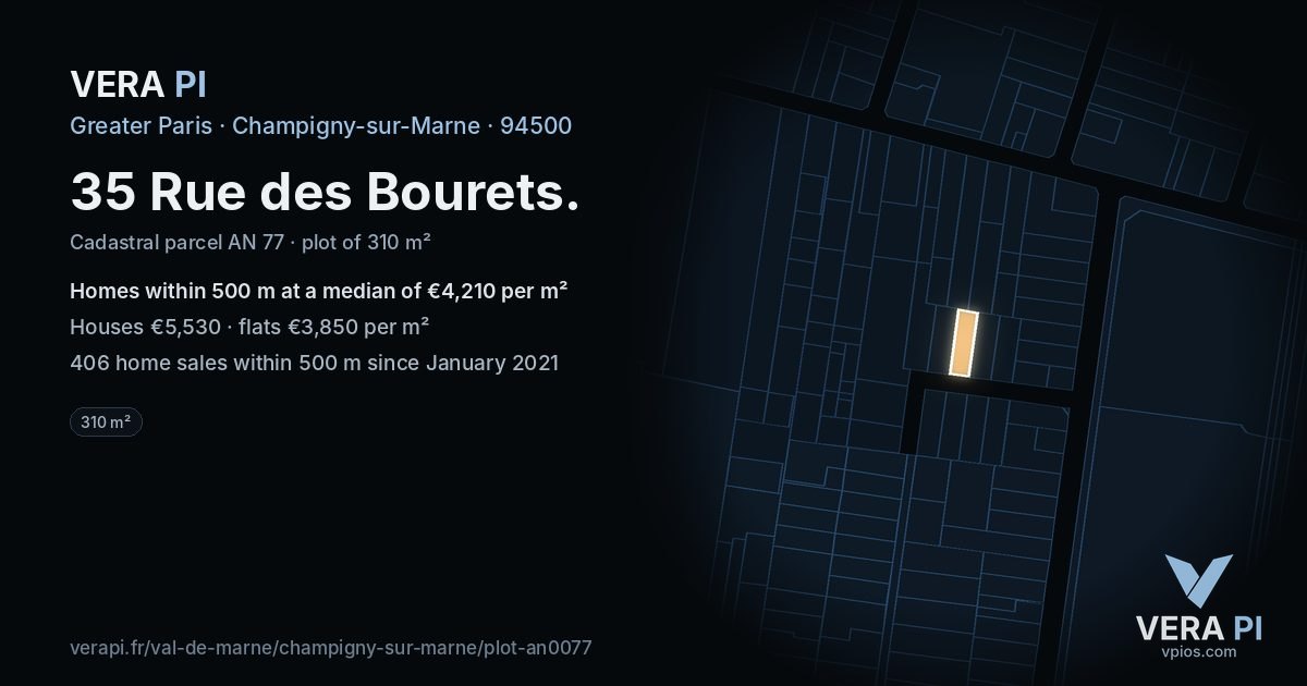 35 Rue des Bourets, Champigny-sur-Marne at night – the plot lit, the parcels around coloured by the prices near them