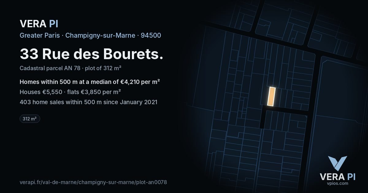 33 Rue des Bourets, Champigny-sur-Marne at night – the plot lit, the parcels around coloured by the prices near them