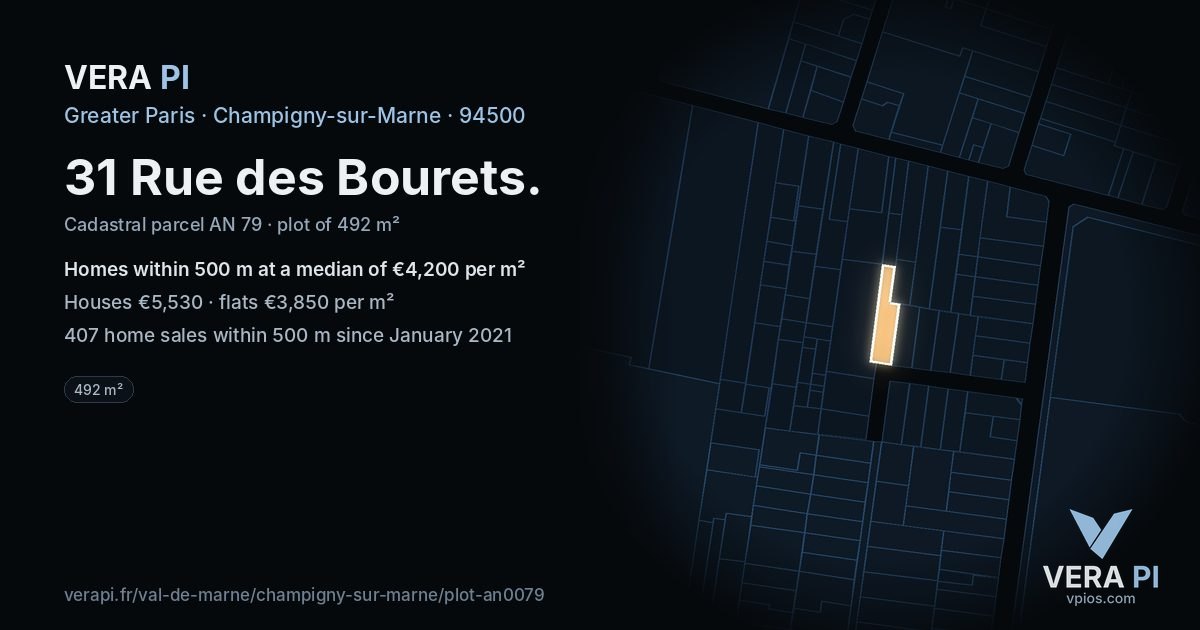 31 Rue des Bourets, Champigny-sur-Marne at night – the plot lit, the parcels around coloured by the prices near them