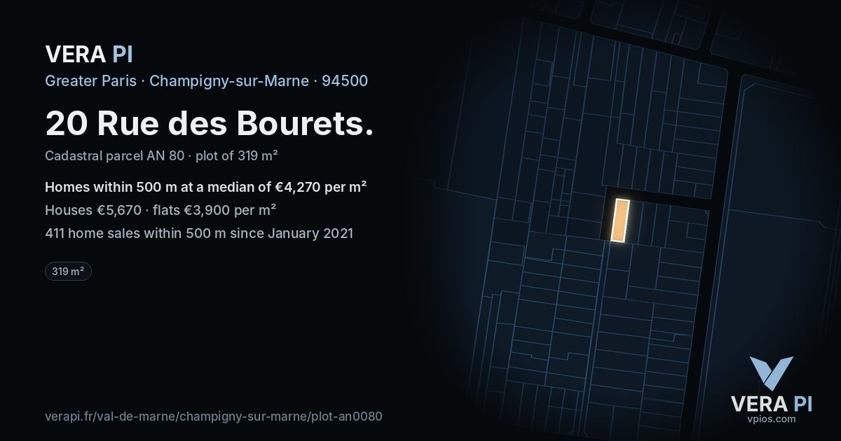 20 Rue des Bourets, Champigny-sur-Marne at night – the plot lit, the parcels around coloured by the prices near them