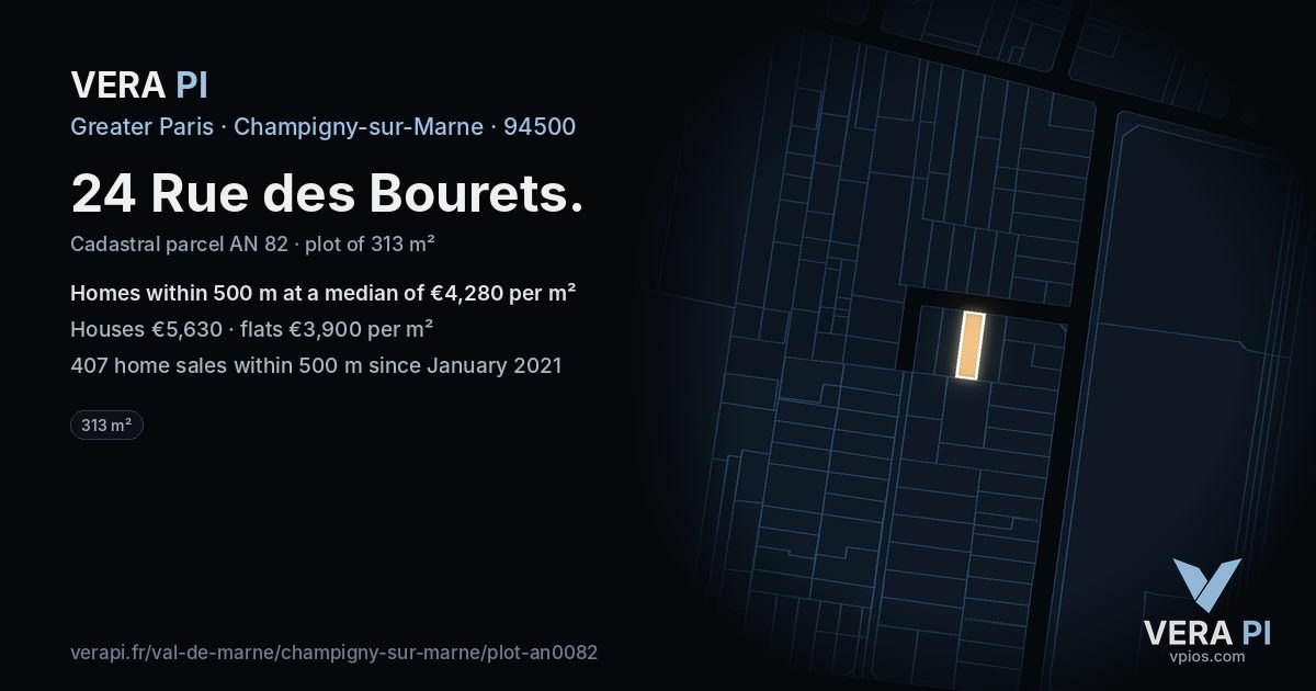 24 Rue des Bourets, Champigny-sur-Marne at night – the plot lit, the parcels around coloured by the prices near them
