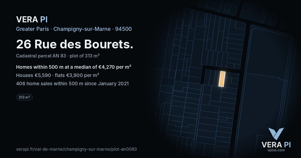 26 Rue des Bourets, Champigny-sur-Marne at night – the plot lit, the parcels around coloured by the prices near them