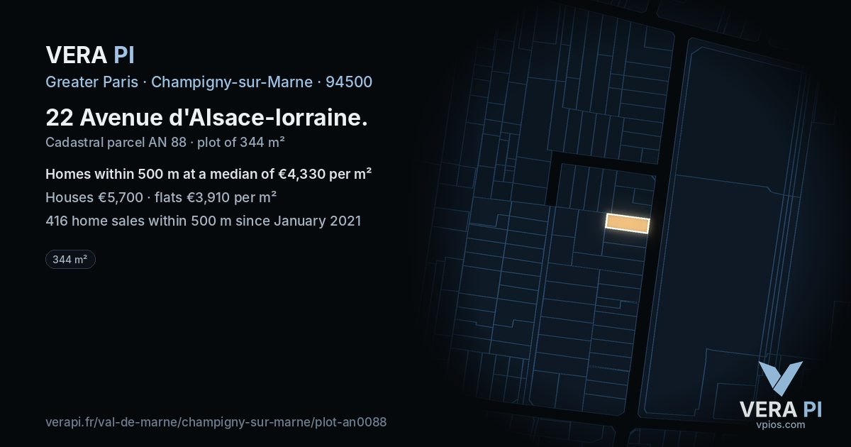 22 Avenue d'Alsace-lorraine, Champigny-sur-Marne at night – the plot lit, the parcels around coloured by the prices near them