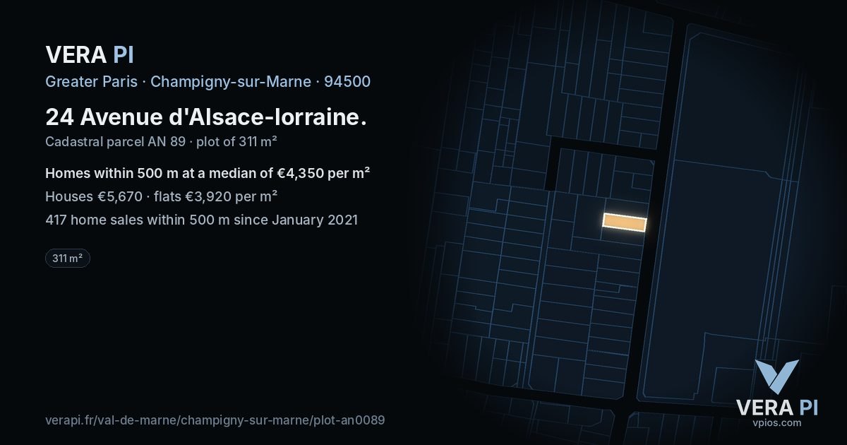 24 Avenue d'Alsace-lorraine, Champigny-sur-Marne at night – the plot lit, the parcels around coloured by the prices near them