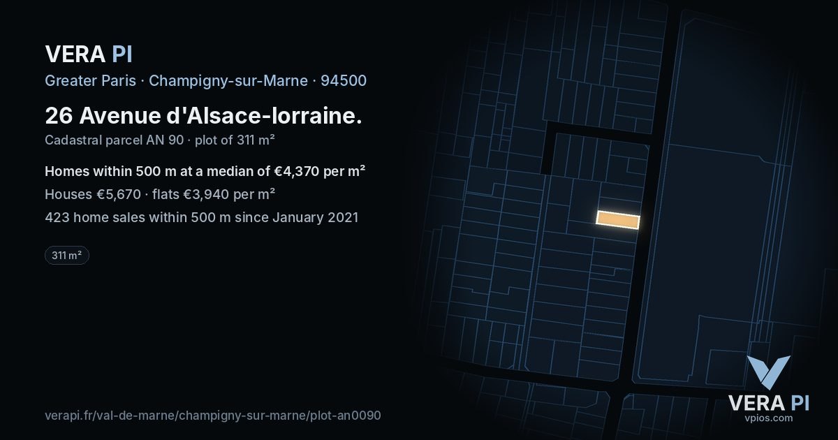 26 Avenue d'Alsace-lorraine, Champigny-sur-Marne at night – the plot lit, the parcels around coloured by the prices near them