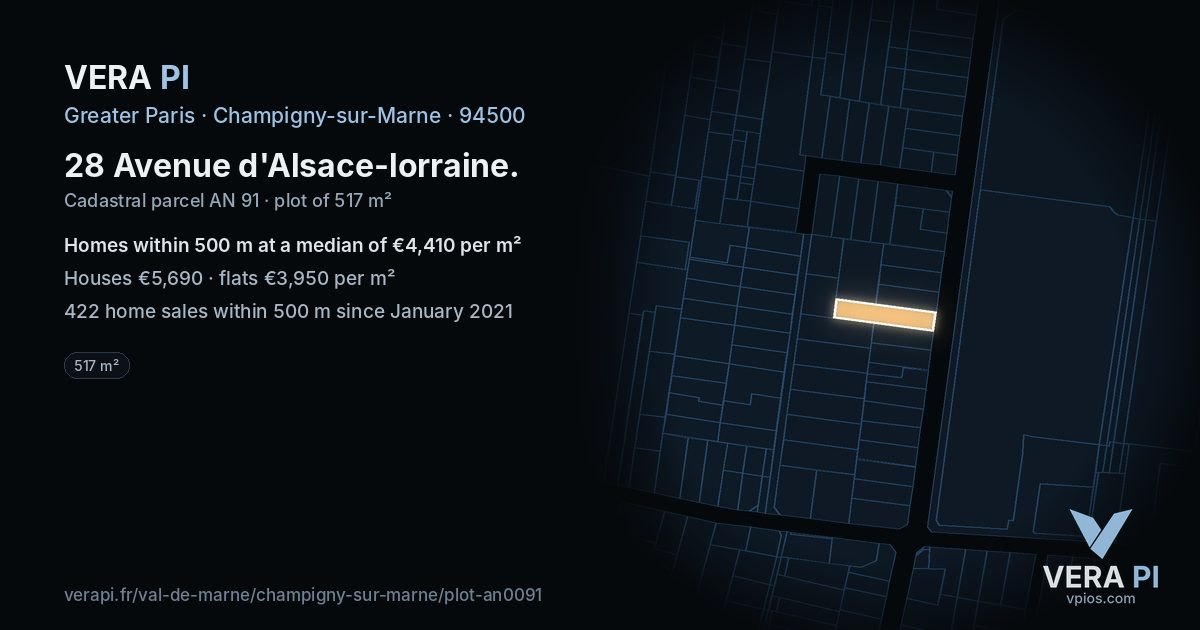 28 Avenue d'Alsace-lorraine, Champigny-sur-Marne at night – the plot lit, the parcels around coloured by the prices near them