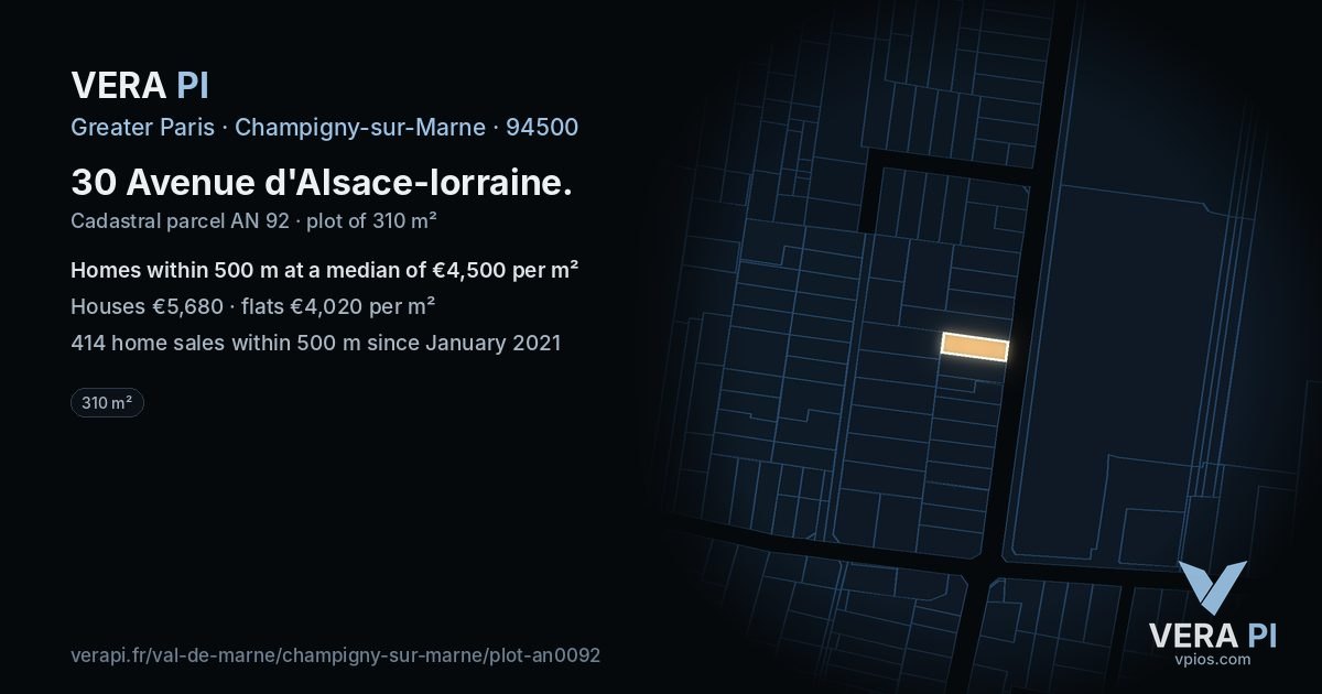 30 Avenue d'Alsace-lorraine, Champigny-sur-Marne at night – the plot lit, the parcels around coloured by the prices near them