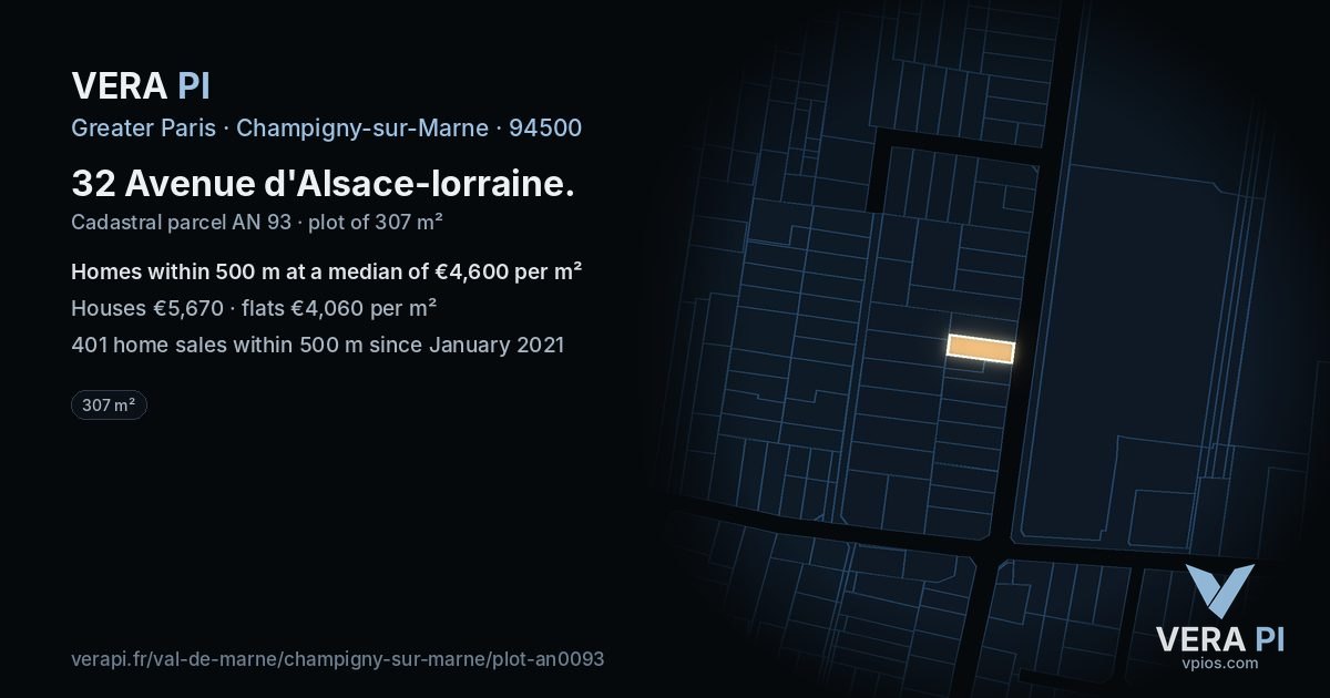 32 Avenue d'Alsace-lorraine, Champigny-sur-Marne at night – the plot lit, the parcels around coloured by the prices near them