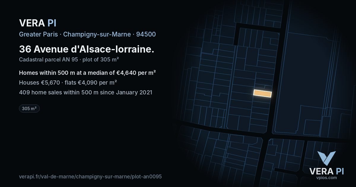 36 Avenue d'Alsace-lorraine, Champigny-sur-Marne at night – the plot lit, the parcels around coloured by the prices near them