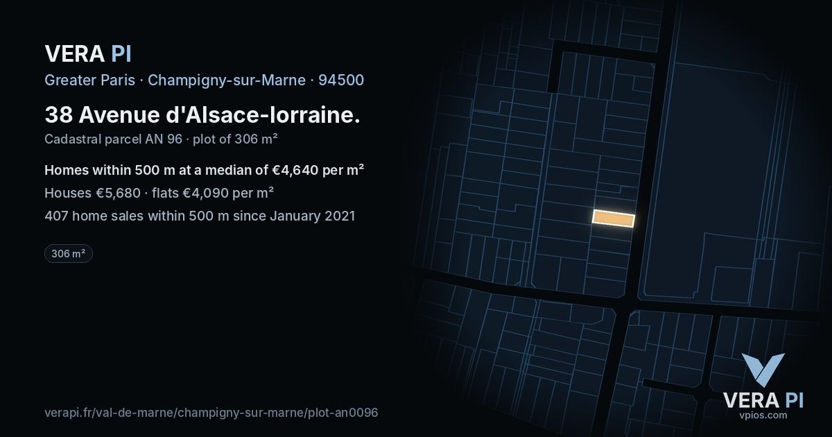 38 Avenue d'Alsace-lorraine, Champigny-sur-Marne at night – the plot lit, the parcels around coloured by the prices near them