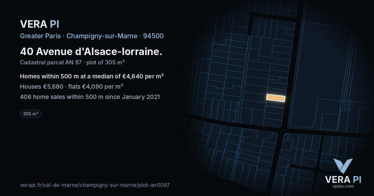 40 Avenue d'Alsace-lorraine, Champigny-sur-Marne at night – the plot lit, the parcels around coloured by the prices near them