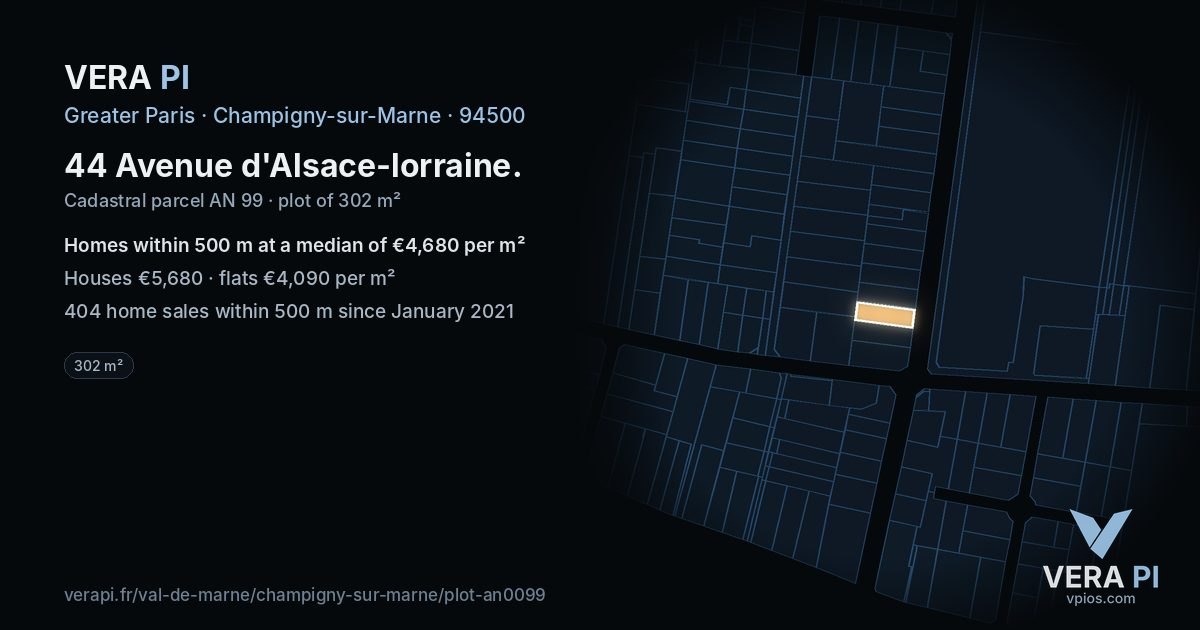 44 Avenue d'Alsace-lorraine, Champigny-sur-Marne at night – the plot lit, the parcels around coloured by the prices near them