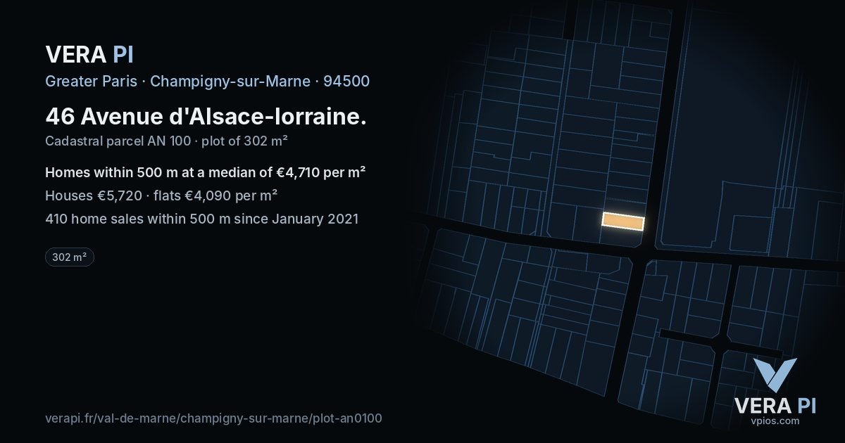 46 Avenue d'Alsace-lorraine, Champigny-sur-Marne at night – the plot lit, the parcels around coloured by the prices near them