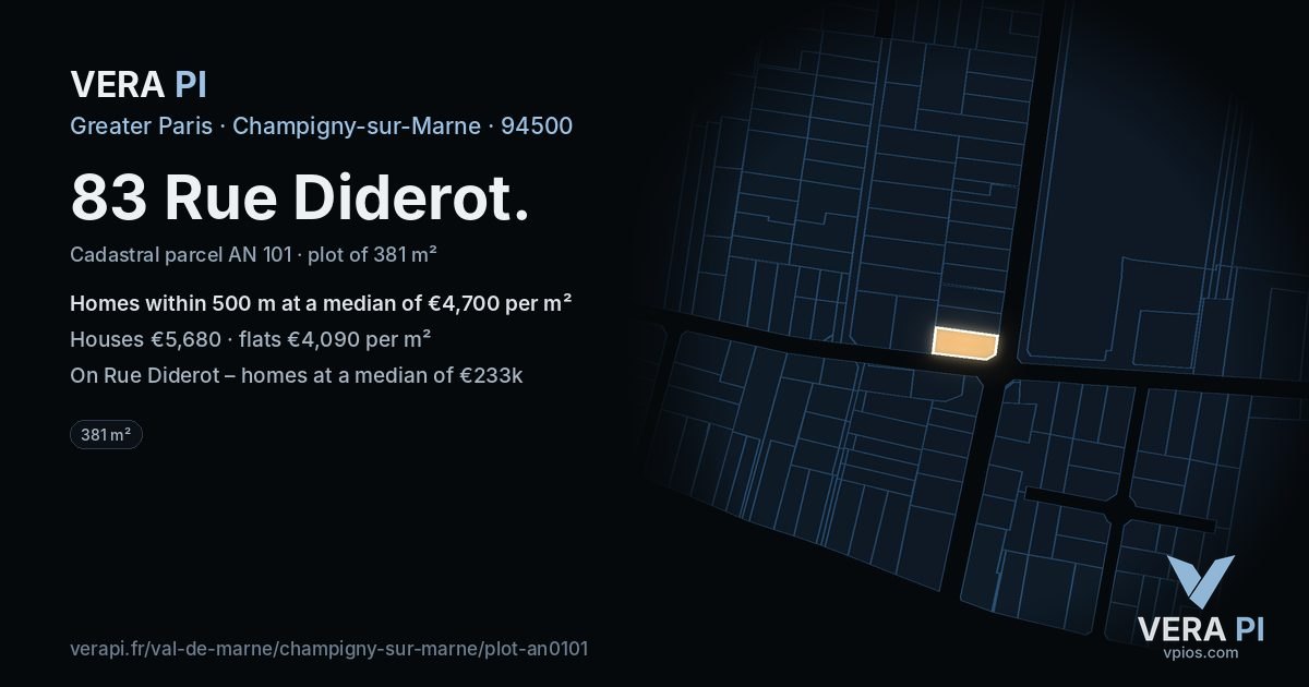 83 Rue Diderot, Champigny-sur-Marne at night – the plot lit, the parcels around coloured by the prices near them
