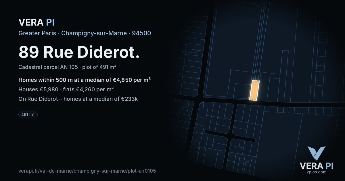 89 Rue Diderot, Champigny-sur-Marne at night – the plot lit, the parcels around coloured by the prices near them