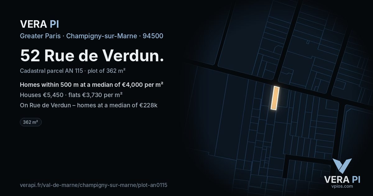 52 Rue de Verdun, Champigny-sur-Marne at night – the plot lit, the parcels around coloured by the prices near them