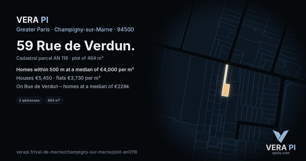 59 Rue de Verdun, Champigny-sur-Marne at night – the plot lit, the parcels around coloured by the prices near them