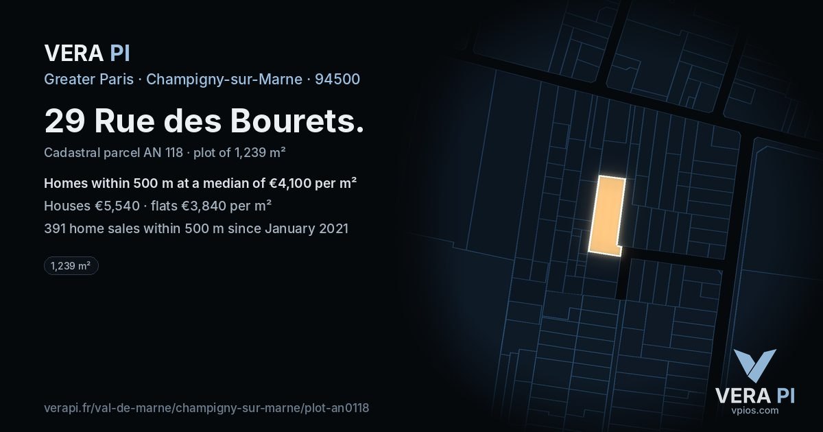 29 Rue des Bourets, Champigny-sur-Marne at night – the plot lit, the parcels around coloured by the prices near them