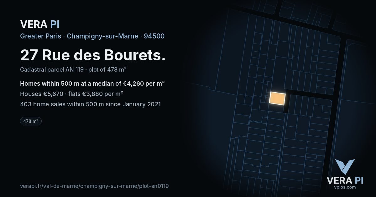 27 Rue des Bourets, Champigny-sur-Marne at night – the plot lit, the parcels around coloured by the prices near them