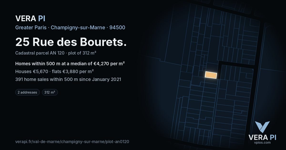 25 Rue des Bourets, Champigny-sur-Marne at night – the plot lit, the parcels around coloured by the prices near them
