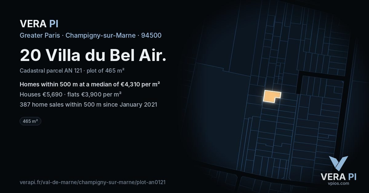 20 Villa du Bel Air, Champigny-sur-Marne at night – the plot lit, the parcels around coloured by the prices near them