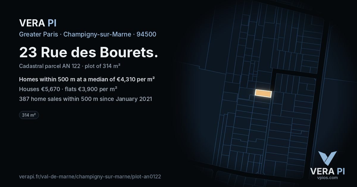 23 Rue des Bourets, Champigny-sur-Marne at night – the plot lit, the parcels around coloured by the prices near them