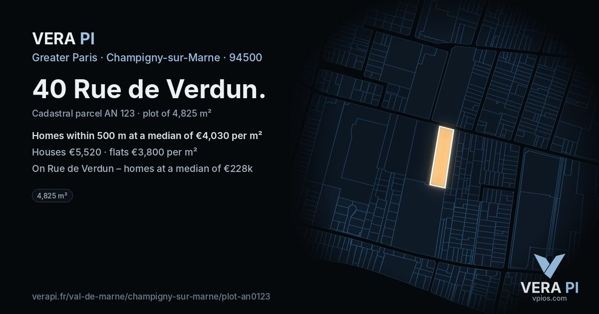 40 Rue de Verdun, Champigny-sur-Marne at night – the plot lit, the parcels around coloured by the prices near them