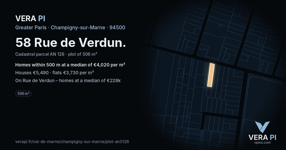 58 Rue de Verdun, Champigny-sur-Marne at night – the plot lit, the parcels around coloured by the prices near them