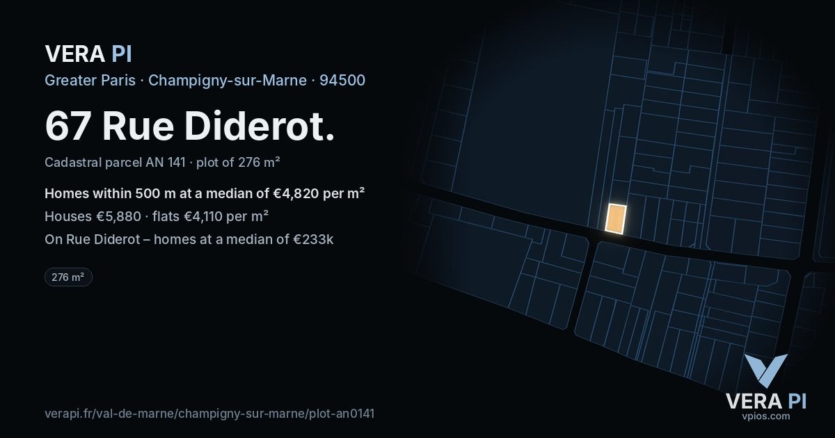 67 Rue Diderot, Champigny-sur-Marne at night – the plot lit, the parcels around coloured by the prices near them