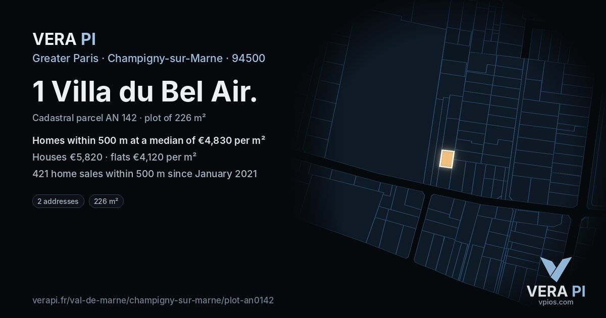 1 Villa du Bel Air, Champigny-sur-Marne at night – the plot lit, the parcels around coloured by the prices near them