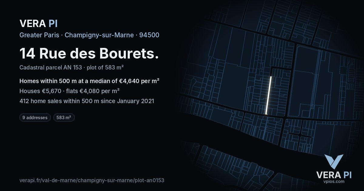 14 Rue des Bourets, Champigny-sur-Marne at night – the plot lit, the parcels around coloured by the prices near them