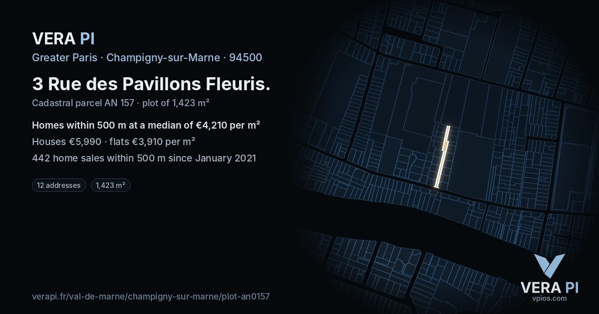 3 Rue des Pavillons Fleuris, Champigny-sur-Marne at night – the plot lit, the parcels around coloured by the prices near them