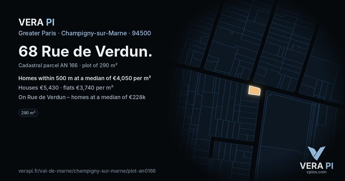 68 Rue de Verdun, Champigny-sur-Marne at night – the plot lit, the parcels around coloured by the prices near them
