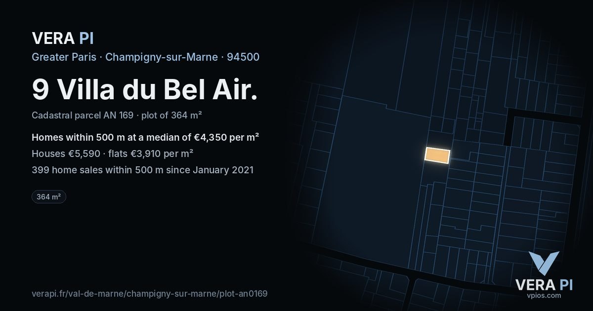 9 Villa du Bel Air, Champigny-sur-Marne at night – the plot lit, the parcels around coloured by the prices near them