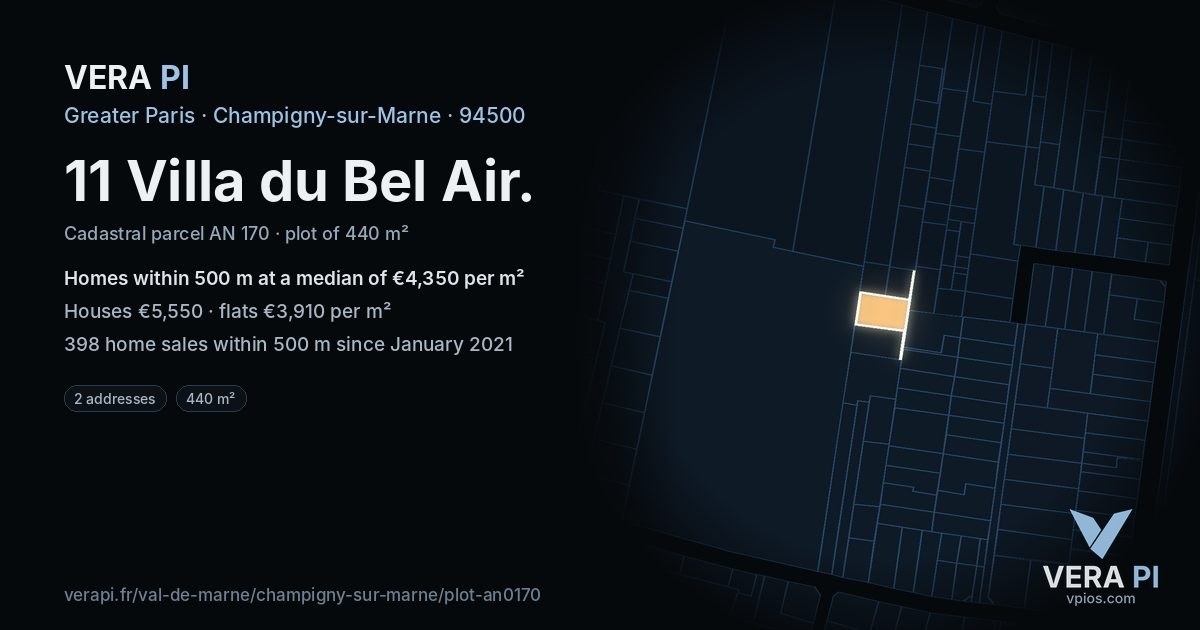 11 Villa du Bel Air, Champigny-sur-Marne at night – the plot lit, the parcels around coloured by the prices near them