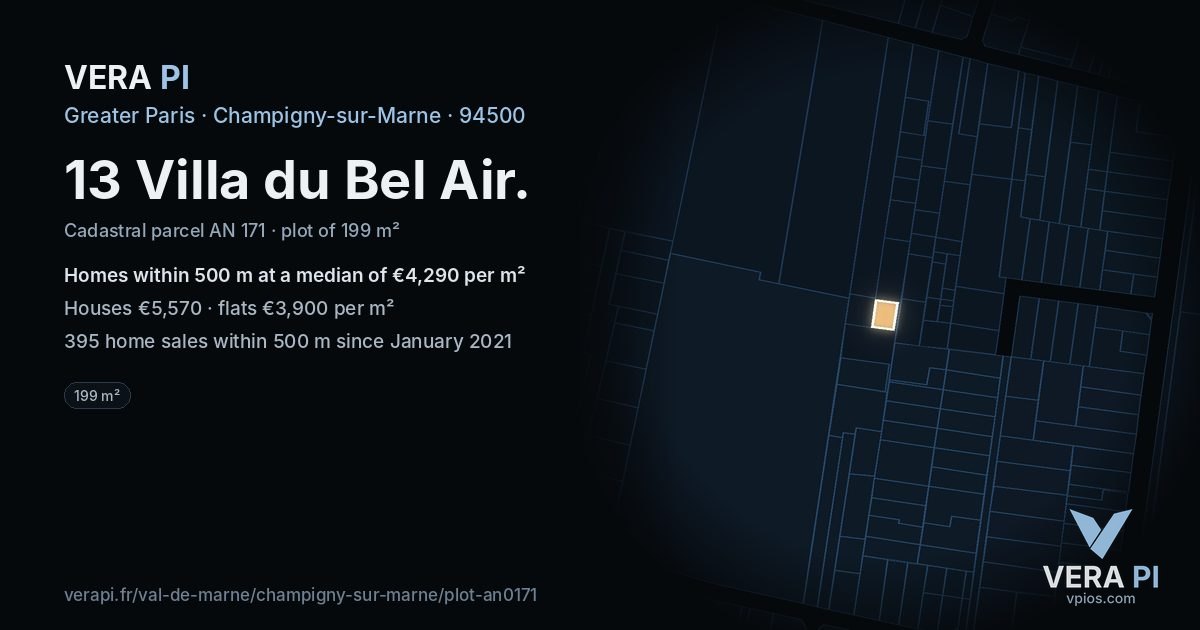 13 Villa du Bel Air, Champigny-sur-Marne at night – the plot lit, the parcels around coloured by the prices near them