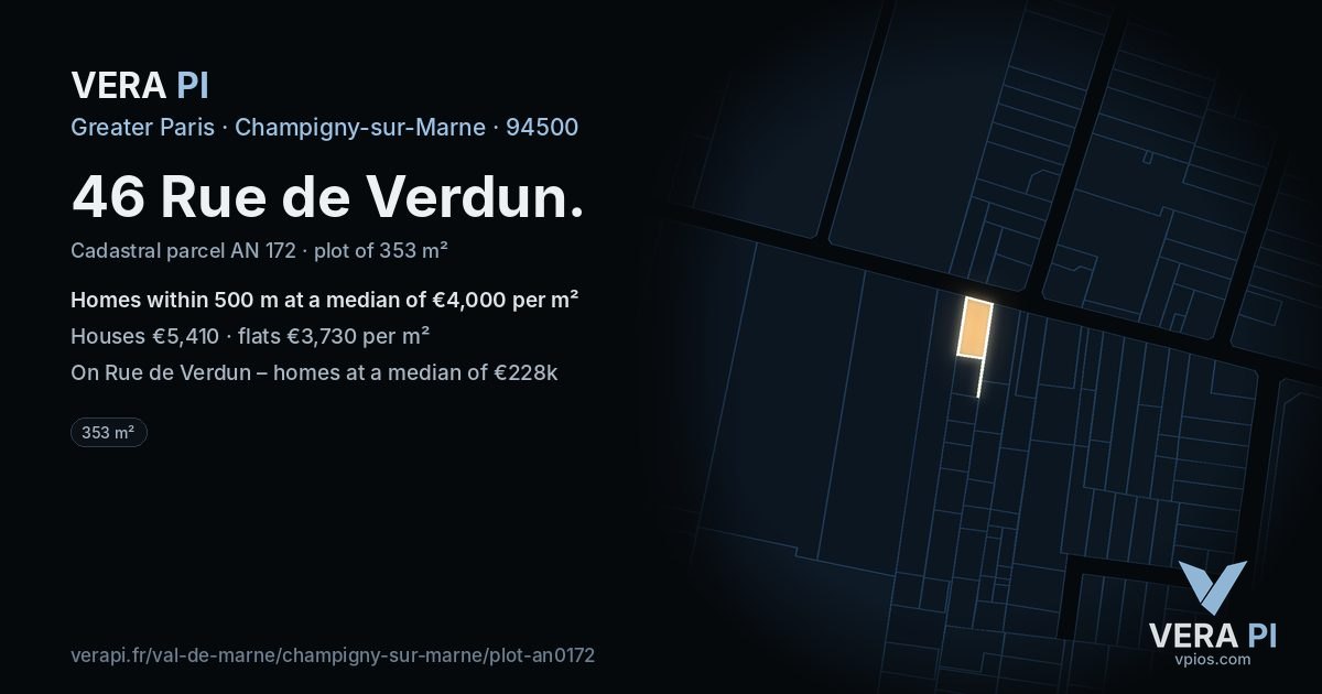46 Rue de Verdun, Champigny-sur-Marne at night – the plot lit, the parcels around coloured by the prices near them