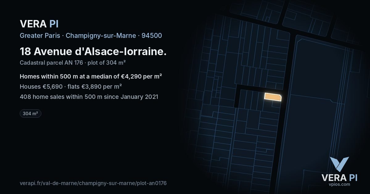 18 Avenue d'Alsace-lorraine, Champigny-sur-Marne at night – the plot lit, the parcels around coloured by the prices near them