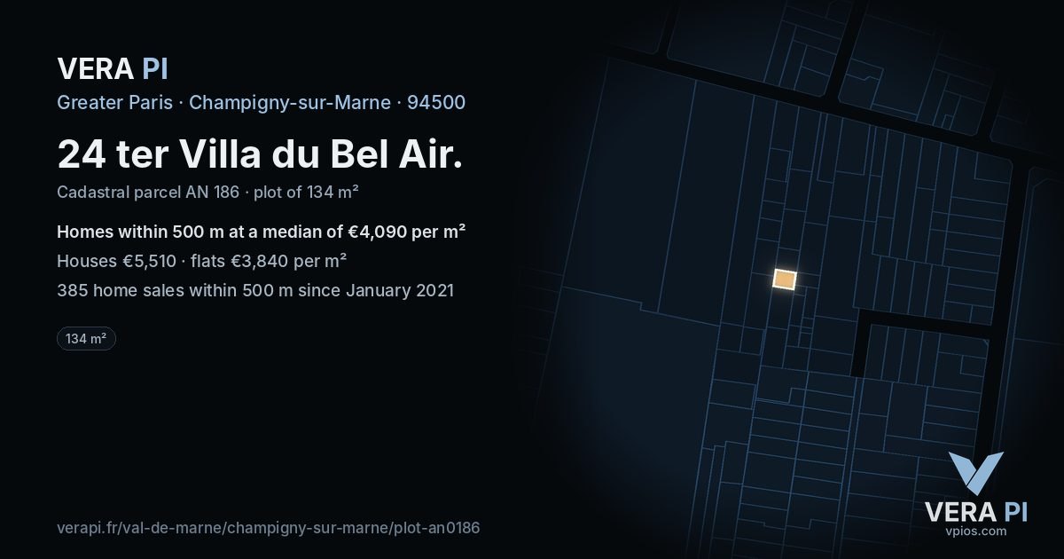 24 ter Villa du Bel Air, Champigny-sur-Marne at night – the plot lit, the parcels around coloured by the prices near them