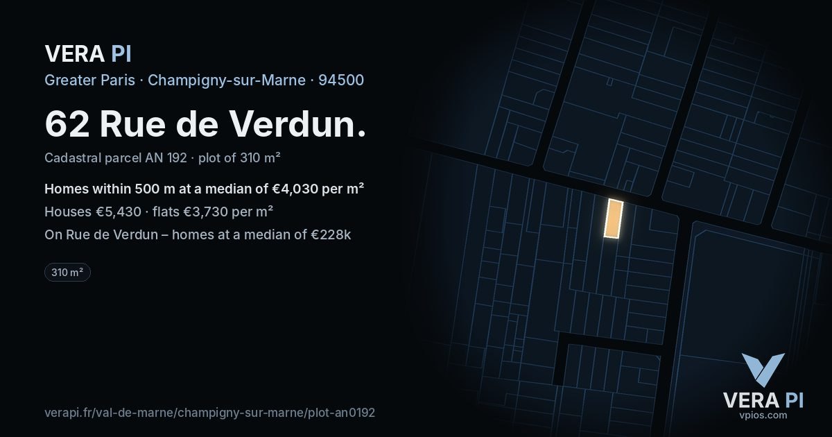 62 Rue de Verdun, Champigny-sur-Marne at night – the plot lit, the parcels around coloured by the prices near them
