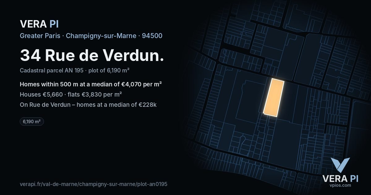 34 Rue de Verdun, Champigny-sur-Marne at night – the plot lit, the parcels around coloured by the prices near them