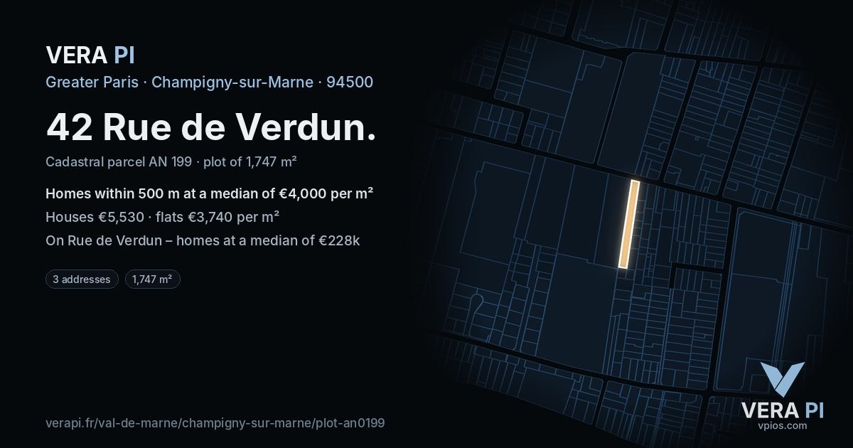 42 Rue de Verdun, Champigny-sur-Marne at night – the plot lit, the parcels around coloured by the prices near them