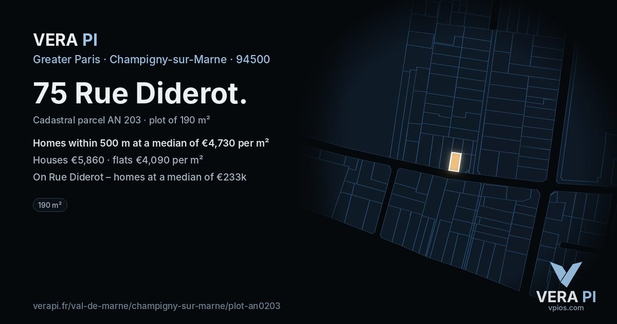 75 Rue Diderot, Champigny-sur-Marne at night – the plot lit, the parcels around coloured by the prices near them