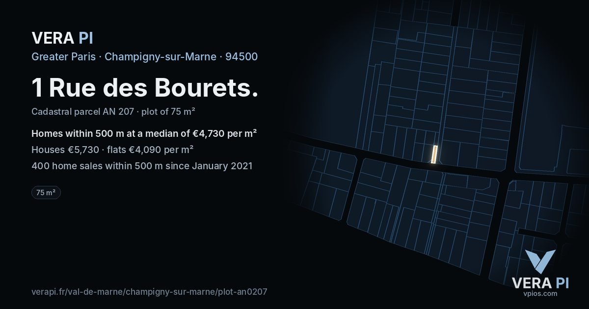 1 Rue des Bourets, Champigny-sur-Marne at night – the plot lit, the parcels around coloured by the prices near them