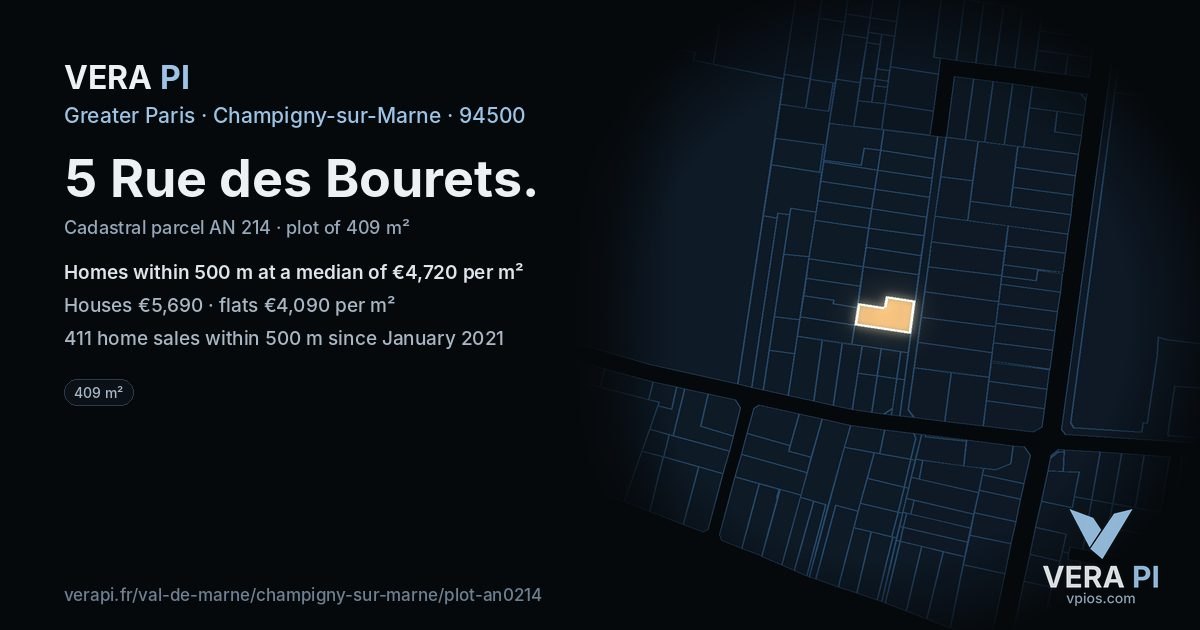 5 Rue des Bourets, Champigny-sur-Marne at night – the plot lit, the parcels around coloured by the prices near them