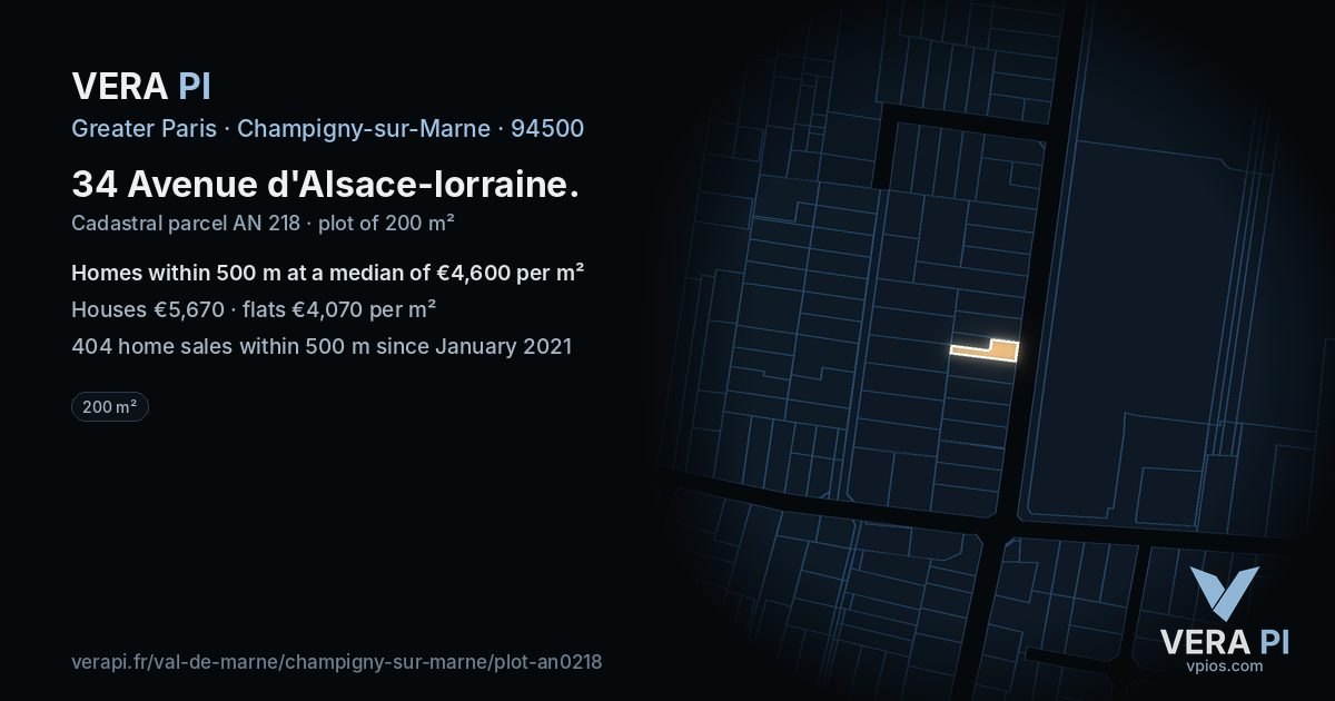 34 Avenue d'Alsace-lorraine, Champigny-sur-Marne at night – the plot lit, the parcels around coloured by the prices near them