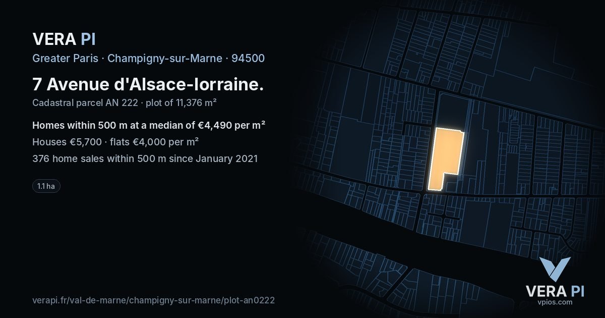 7 Avenue d'Alsace-lorraine, Champigny-sur-Marne at night – the plot lit, the parcels around coloured by the prices near them