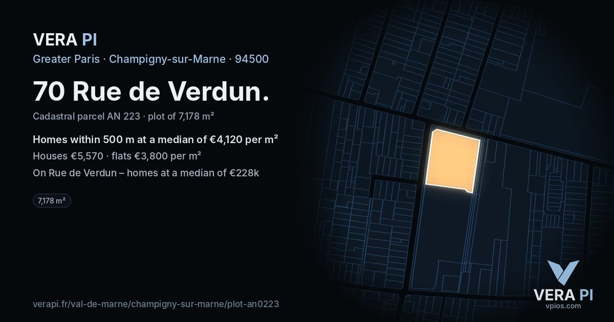 70 Rue de Verdun, Champigny-sur-Marne at night – the plot lit, the parcels around coloured by the prices near them