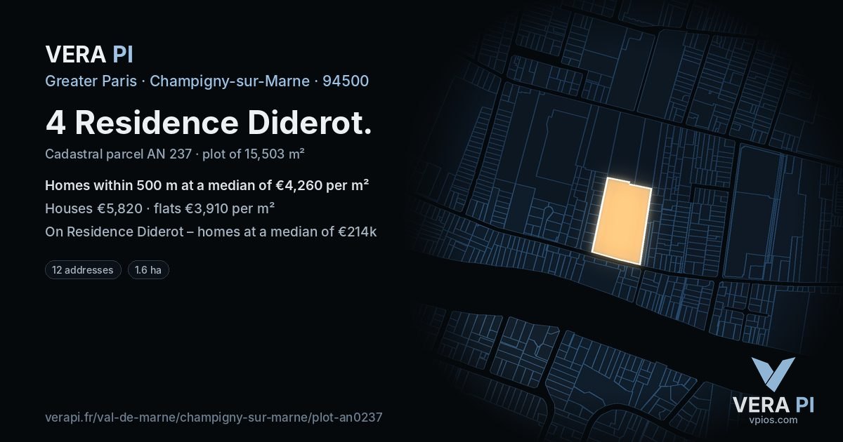 4 Residence Diderot, Champigny-sur-Marne at night – the plot lit, the parcels around coloured by the prices near them