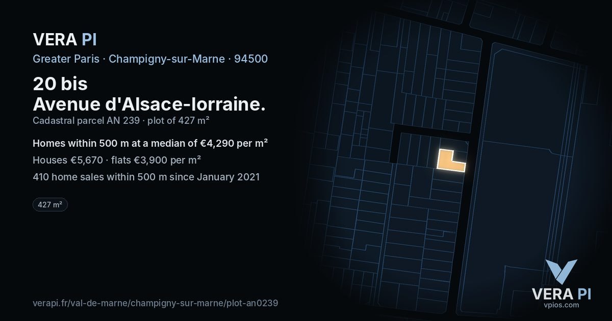 20 bis Avenue d'Alsace-lorraine, Champigny-sur-Marne at night – the plot lit, the parcels around coloured by the prices near them